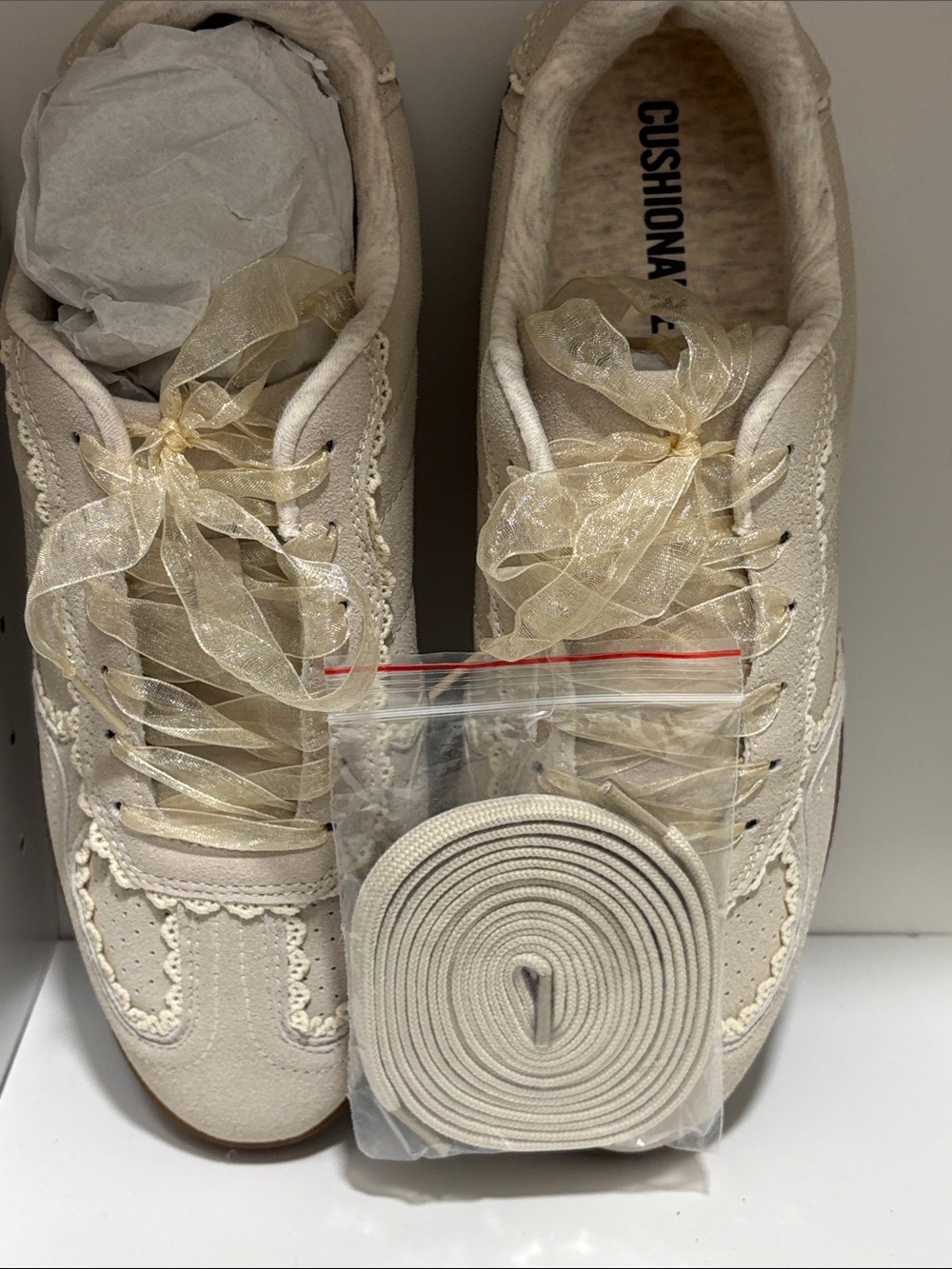 Lace-Trim Cream Women's Sneakers — Feminine Casual Style